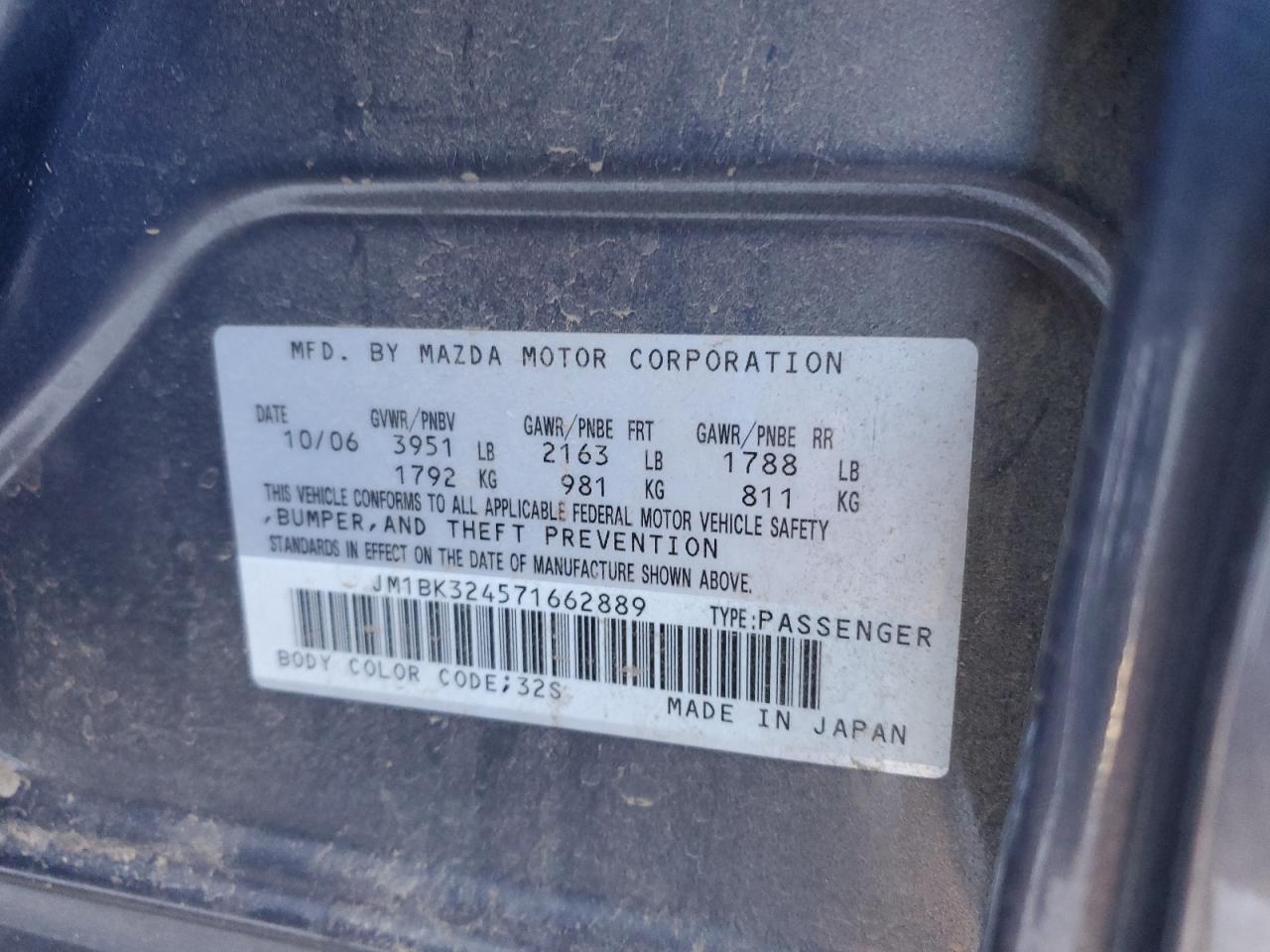 2007 Mazda 3 S VIN: JM1BK324571662889 Lot: 37690484