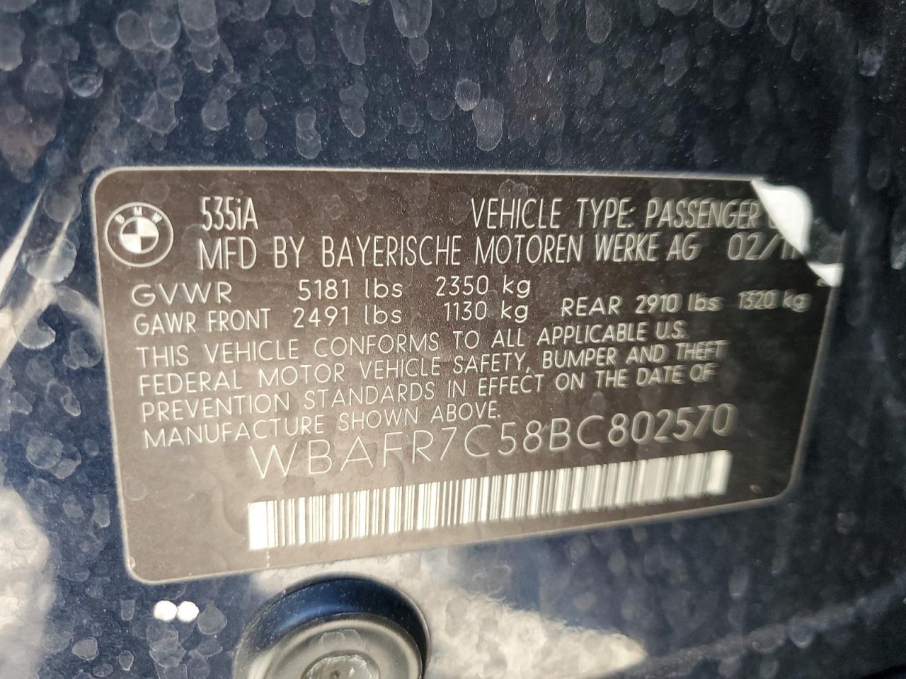 2011 BMW 535 I VIN: WBAFR7C58BC802570 Lot: 40485414