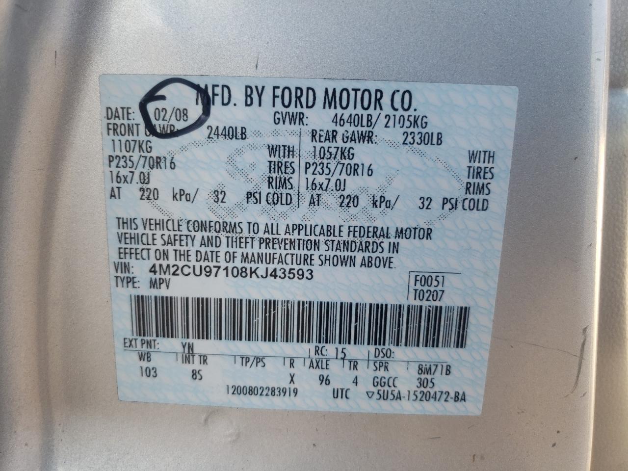 2008 Mercury Mariner Premier VIN: 4M2CU97108KJ43593 Lot: 81549363