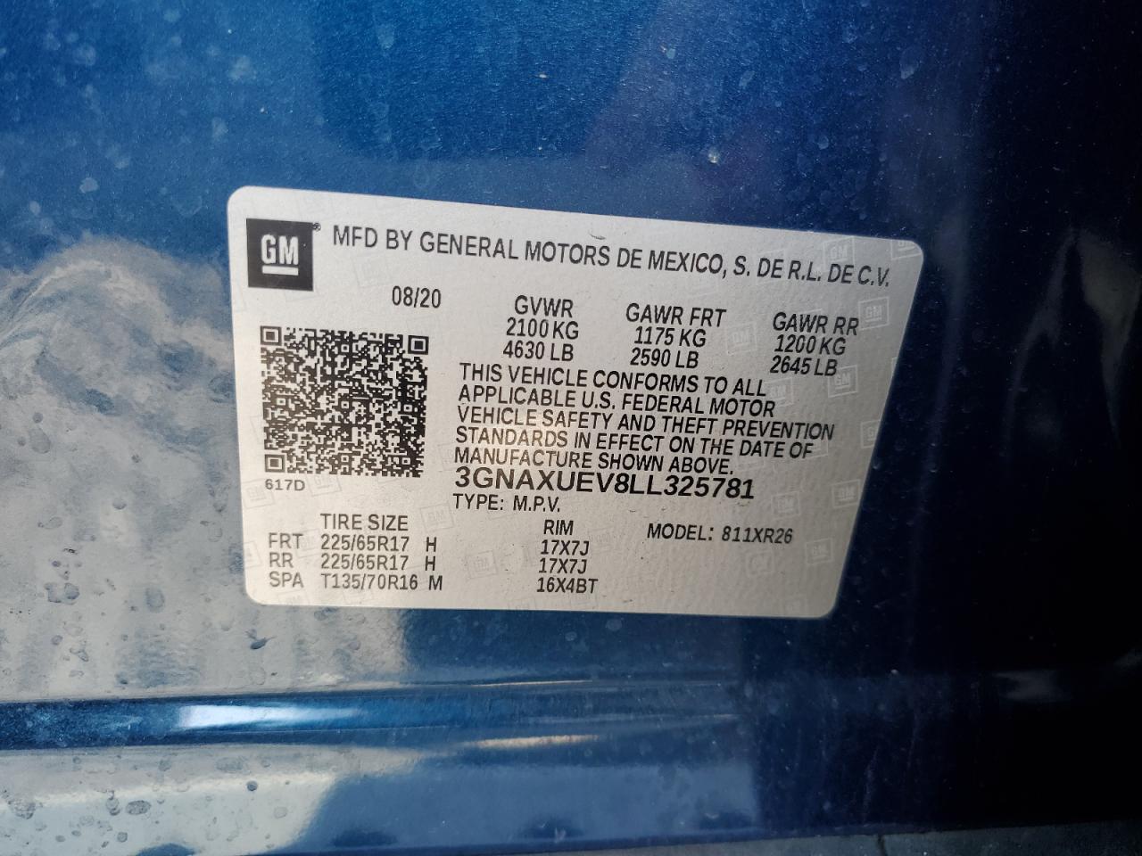 2020 Chevrolet Equinox Lt VIN: 3GNAXUEV8LL325781 Lot: 55691164