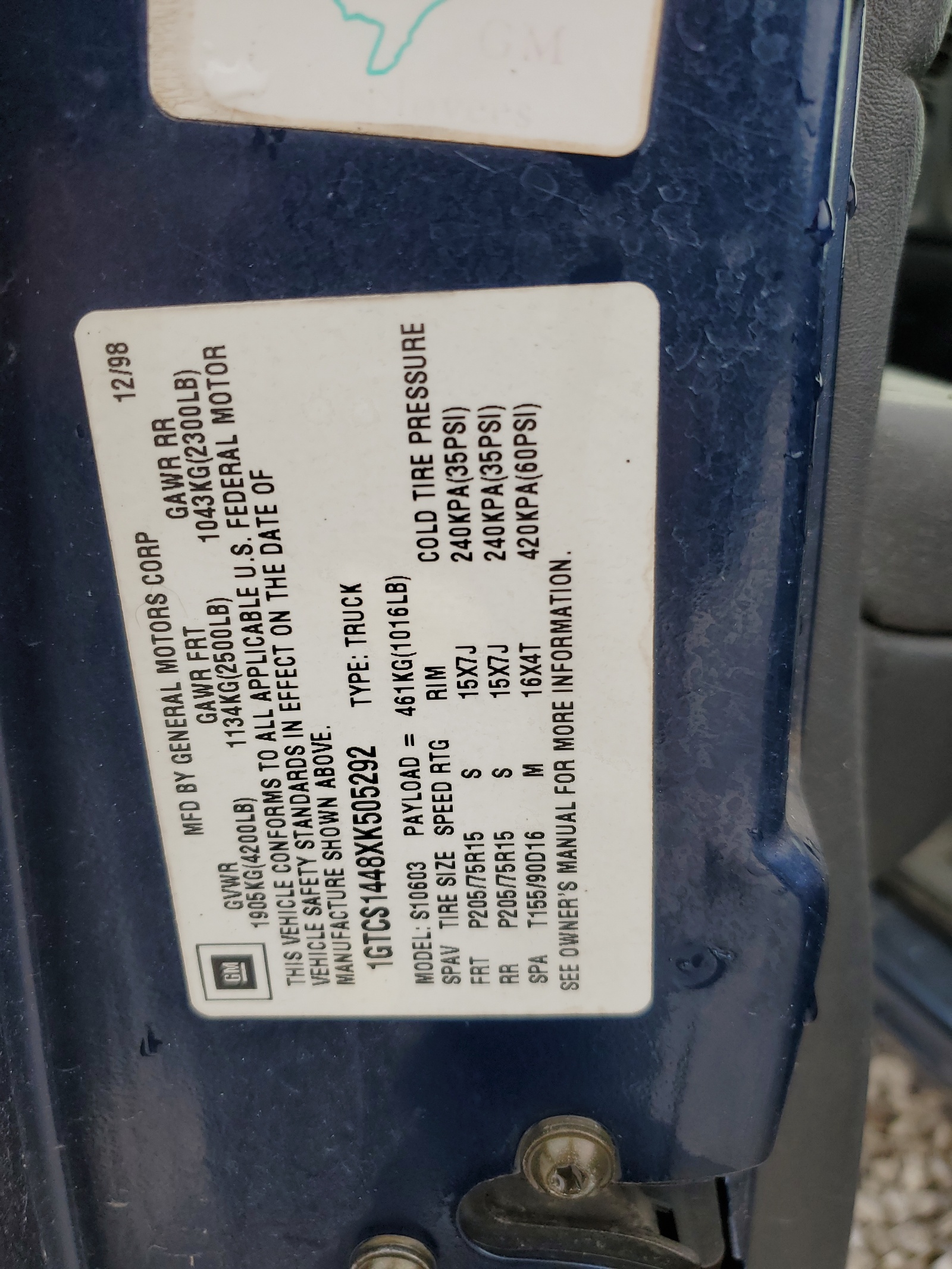 1GTCS1448XK505292 1999 GMC Sonoma