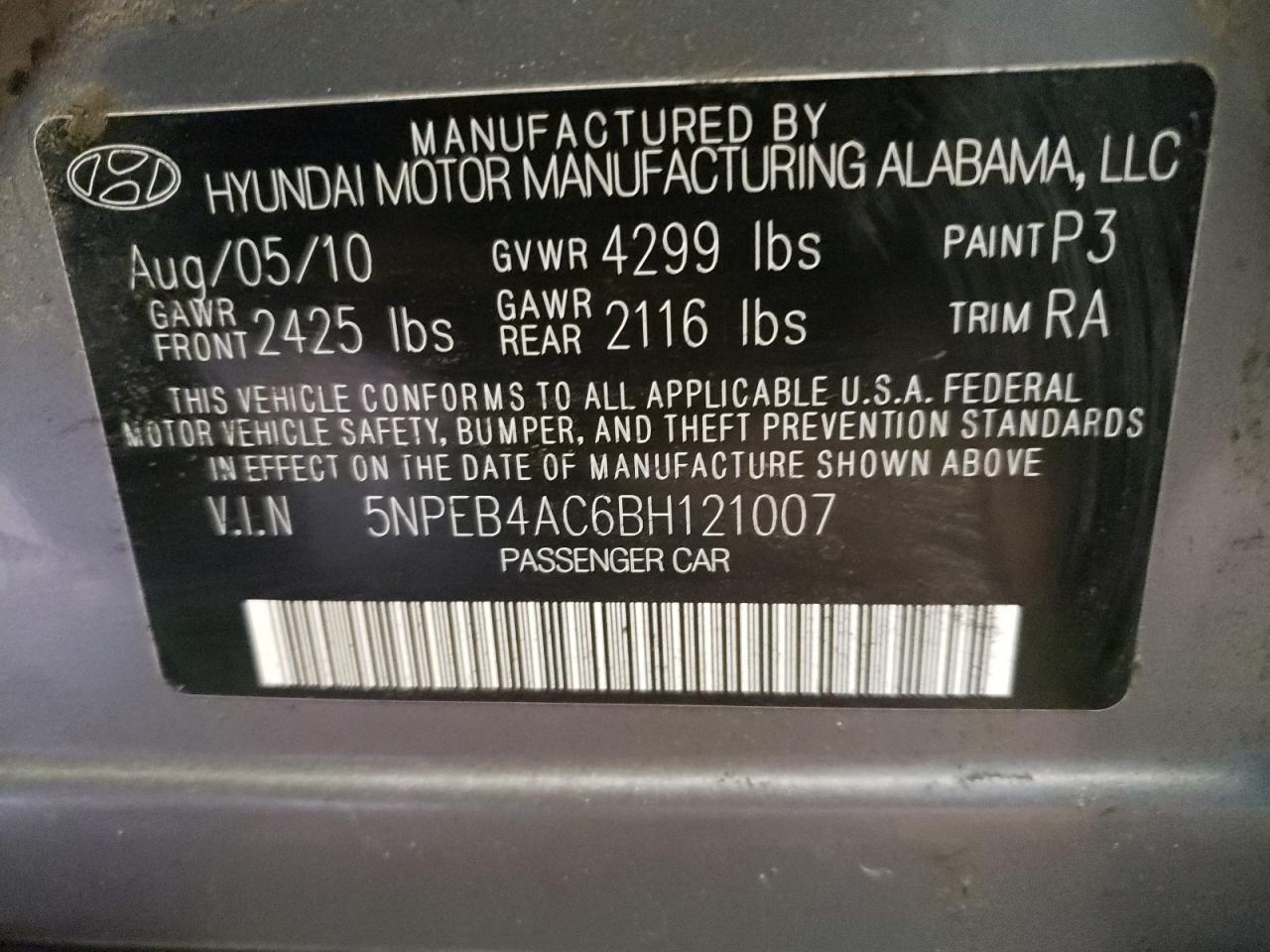 5NPEB4AC6BH121007 2011 Hyundai Sonata Gls