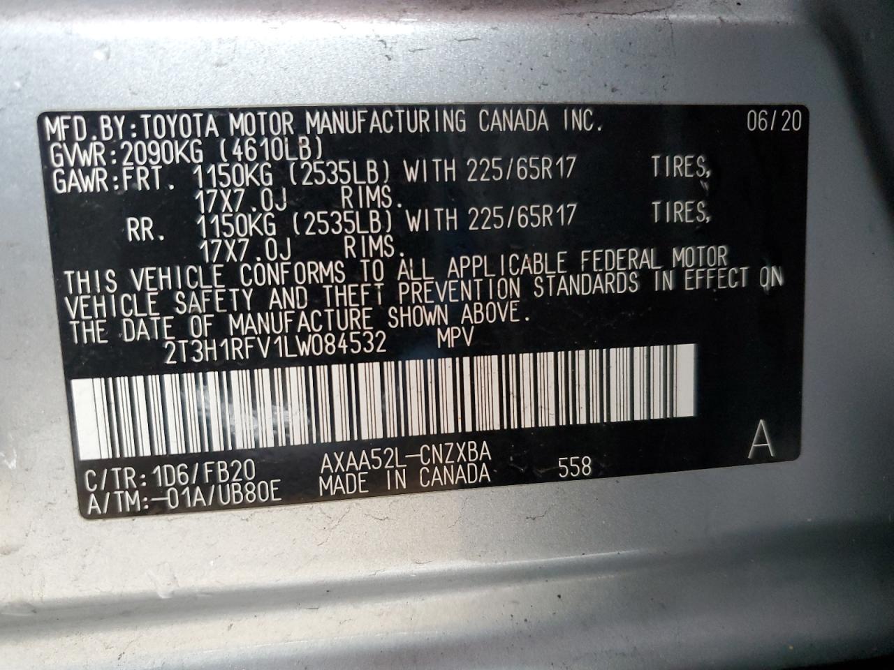 2T3H1RFV1LW084532 2020 Toyota Rav4 Le