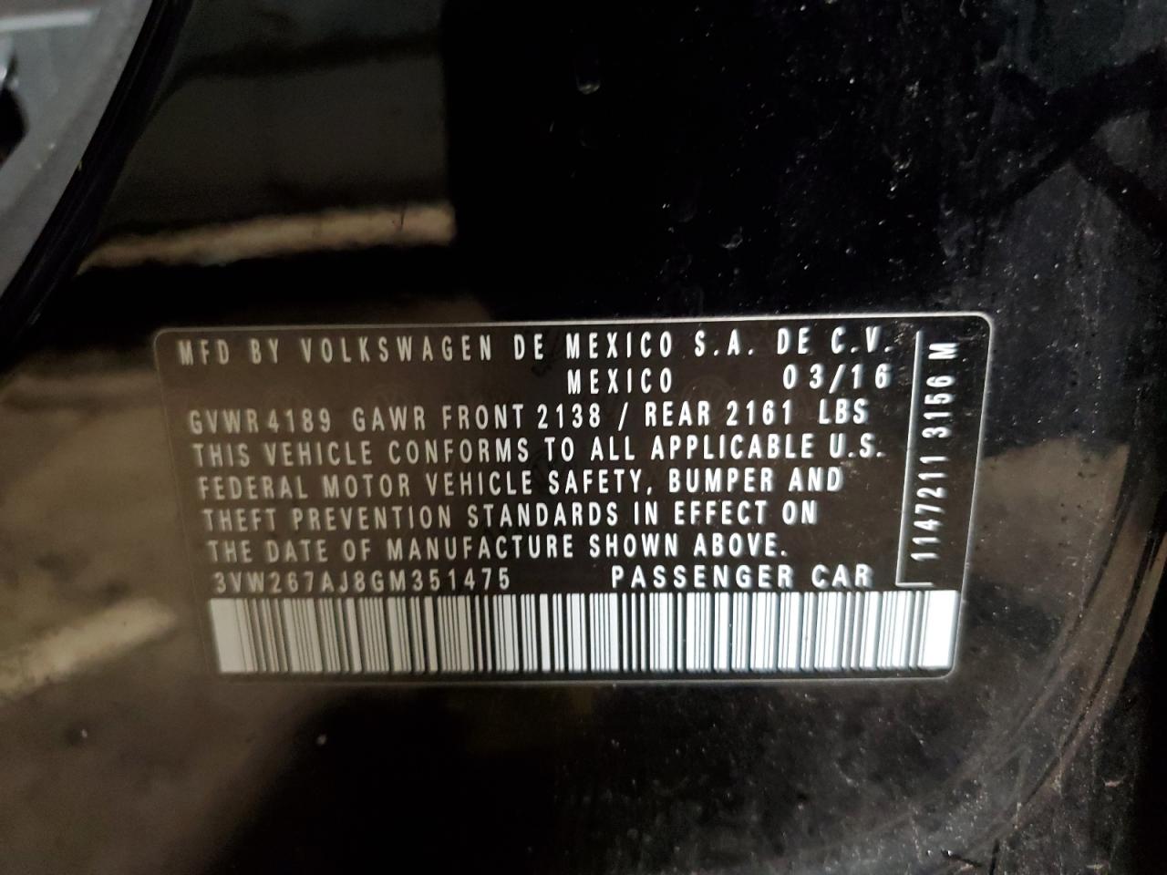 2016 Volkswagen Jetta S VIN: 3VW267AJ8GM351475 Lot: 40324554