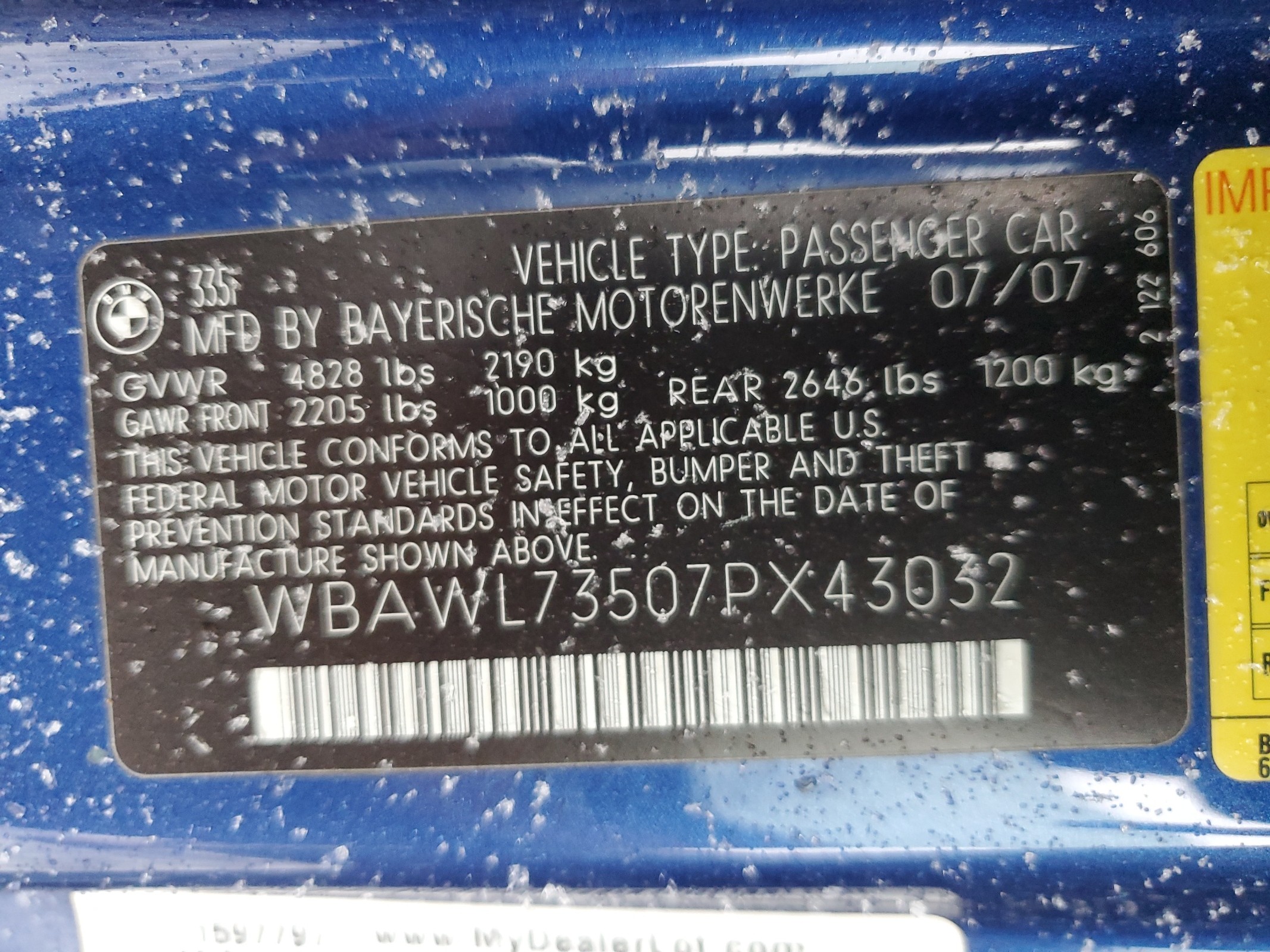 WBAWL73507PX43032 2007 BMW 335 I