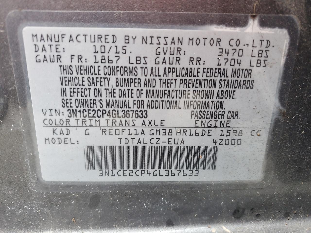 3N1CE2CP4GL367633 2016 Nissan Versa Note S