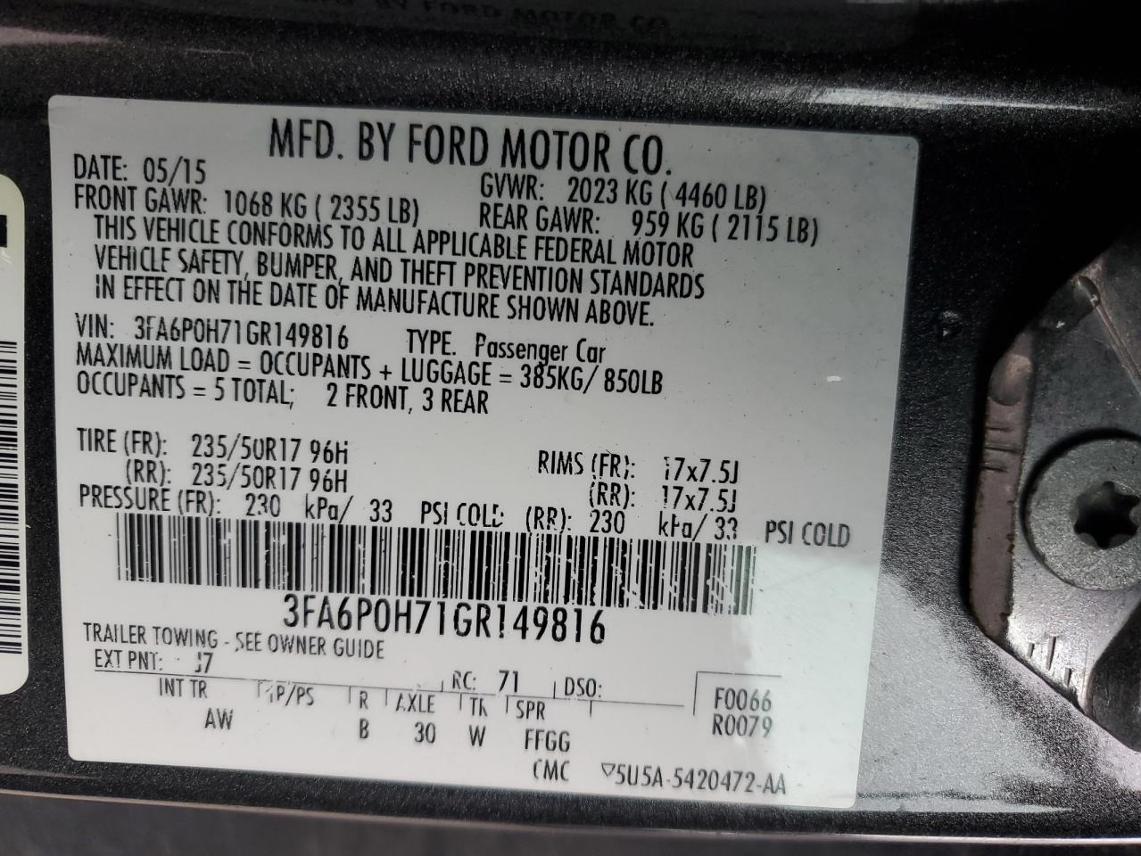 3FA6P0H71GR149816 FORD FUSION 2016