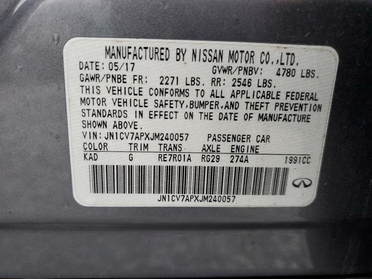 2018 Infiniti Q50 Pure VIN: JN1CV7ABXJM240057 Lot: 41399205