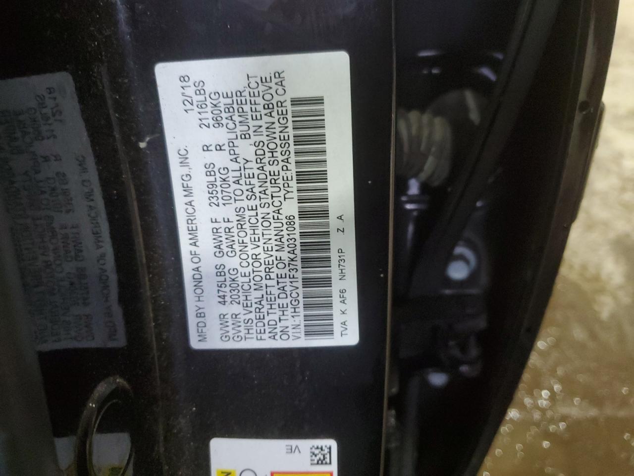 1HGCV1F37KA031086 HONDA ACCORD 2019