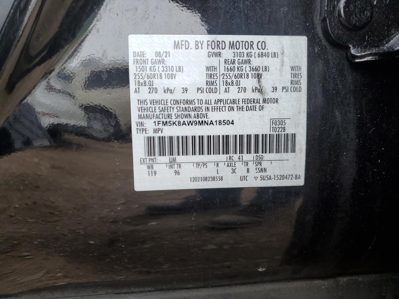 1FM5K8AW9MNA18504 FORD EXPLORER 2021
