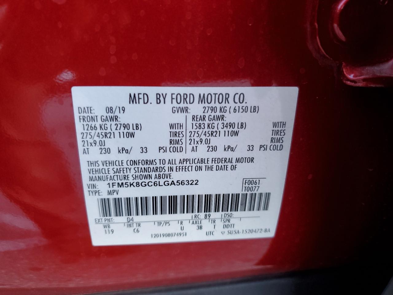 1FM5K8GC6LGA56322 FORD EXPLORER 2020