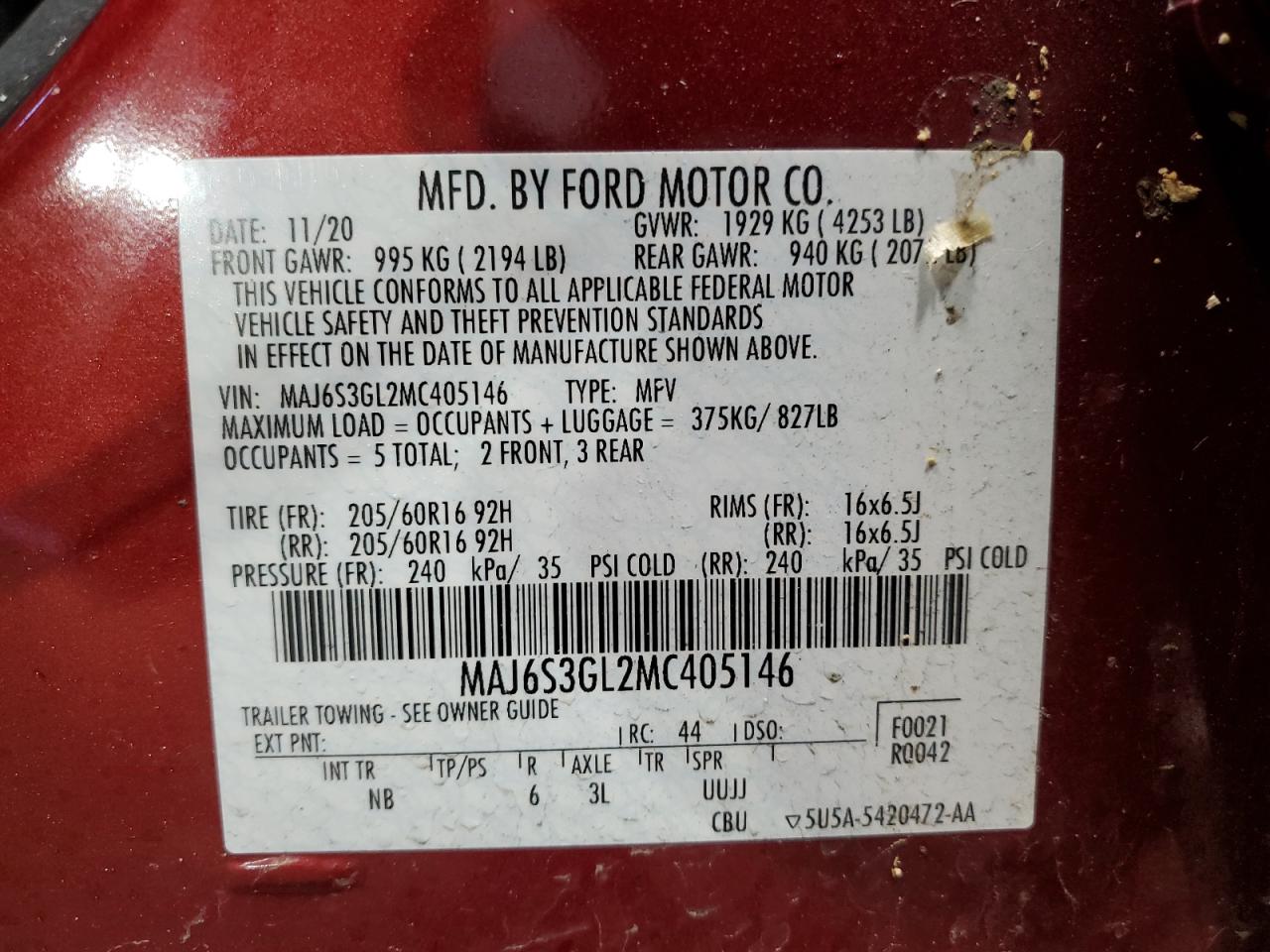 2021 Ford Ecosport Se VIN: MAJ6S3GL2MC405146 Lot: 86709694