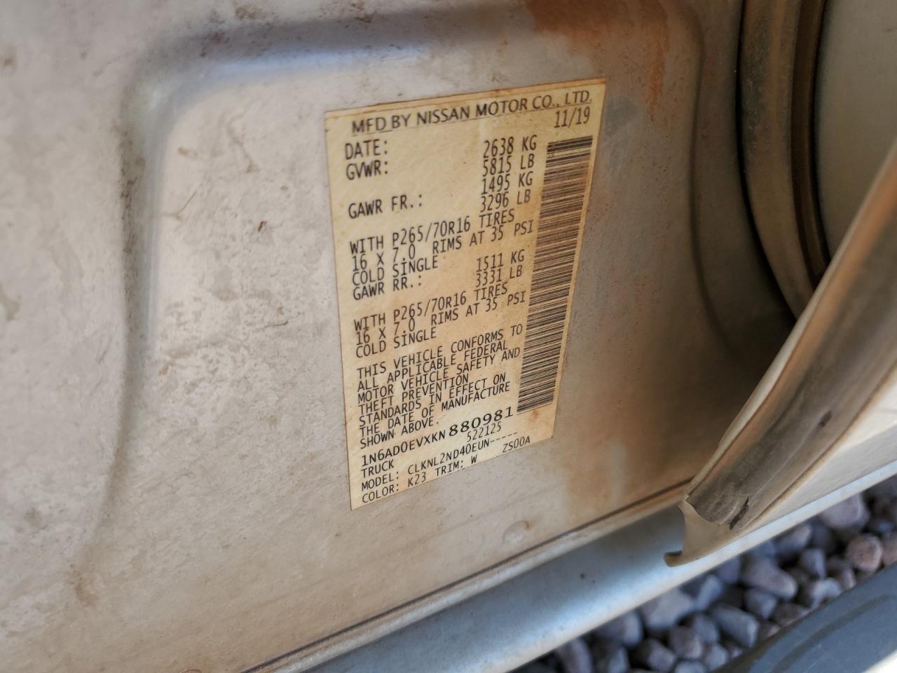 1N6AD0EVXKN880981 NISSAN FRONTIER 2019