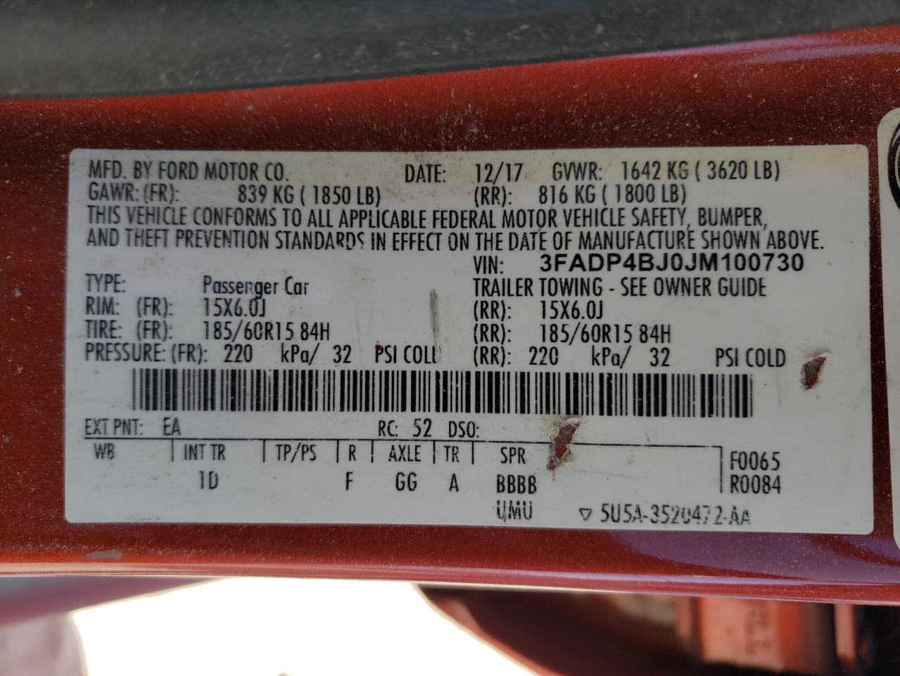 3FADP4BJ0JM100730 FORD FIESTA 2018