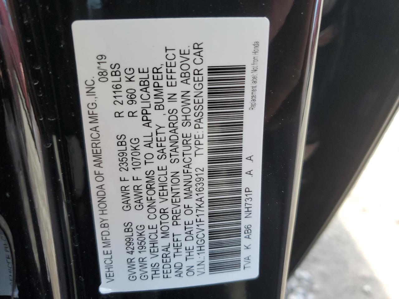1HGCV1F17KA163912 HONDA ACCORD 2019