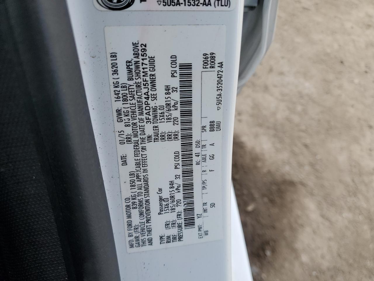 2015 Ford Fiesta S VIN: 3FADP4AJ5FM171592 Lot: 87724535