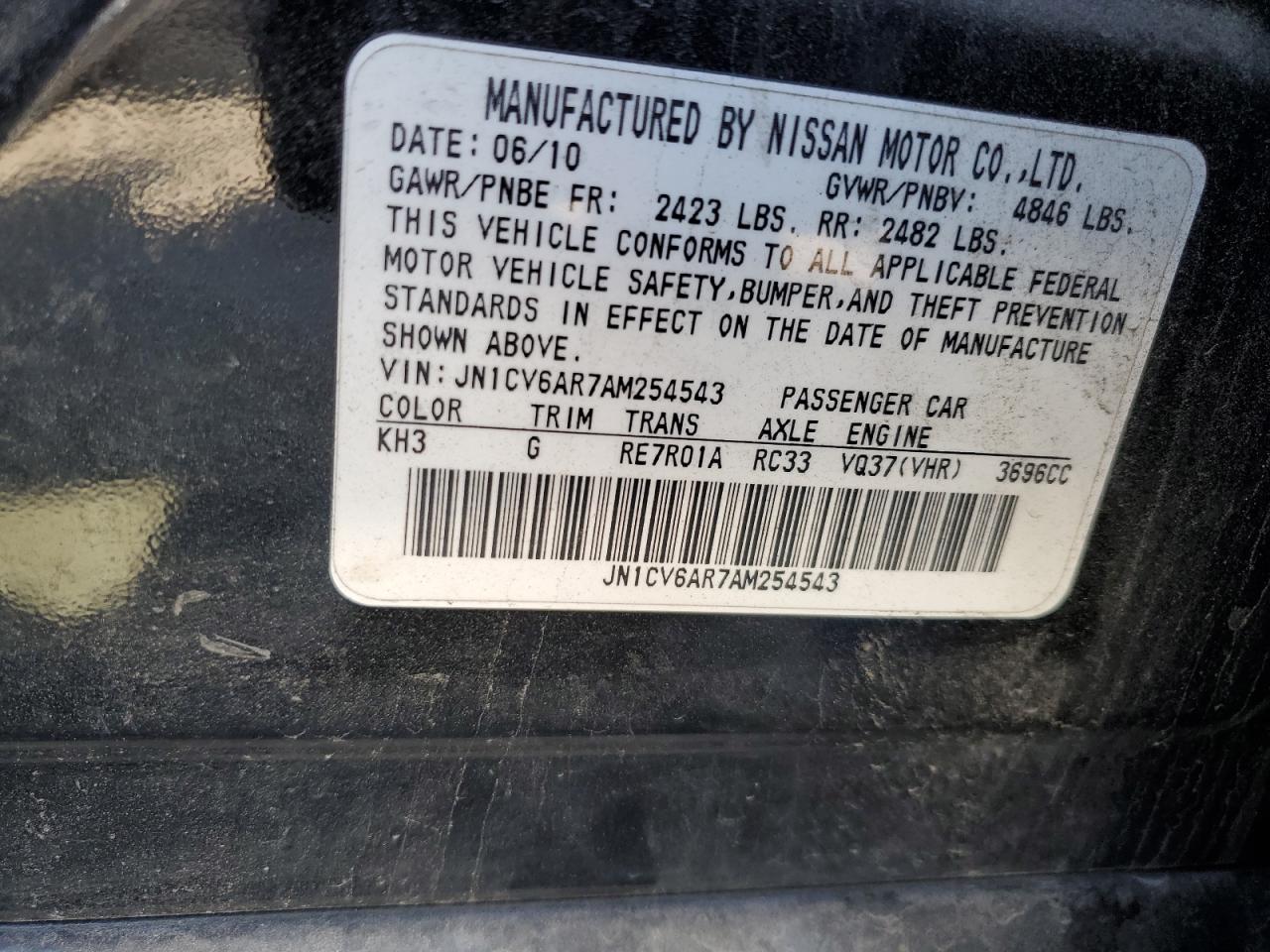 2010 Infiniti G37 VIN: JN1CV6AR7AM254543 Lot: 42215225