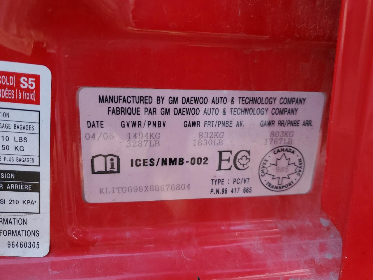 2006 Chevrolet Aveo Lt VIN: KL1TG696X6B676804 Lot: 88003805