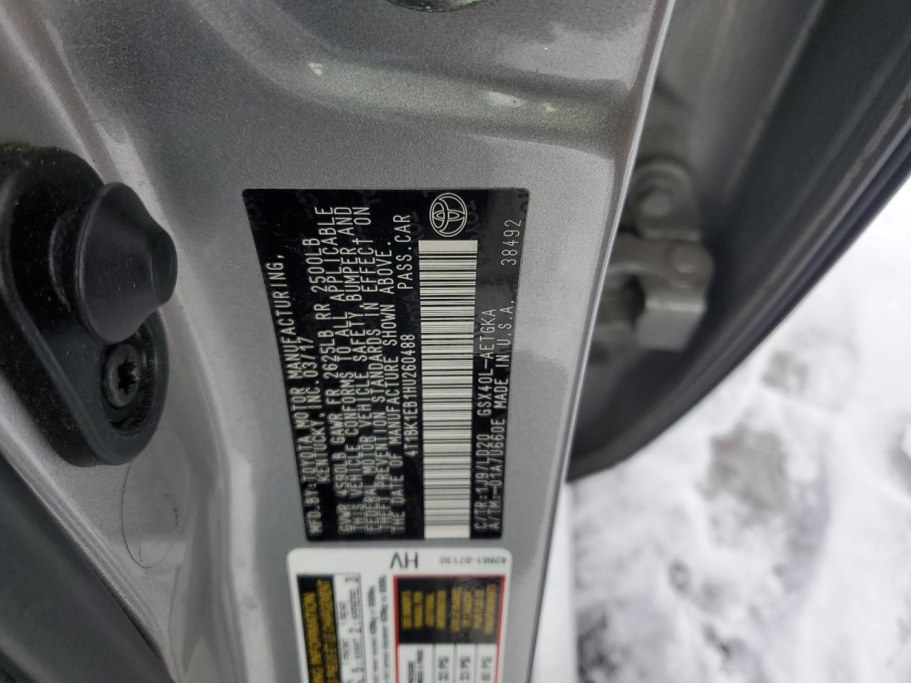 4T1BK1EB1HU260488 TOYOTA AVALON 2017