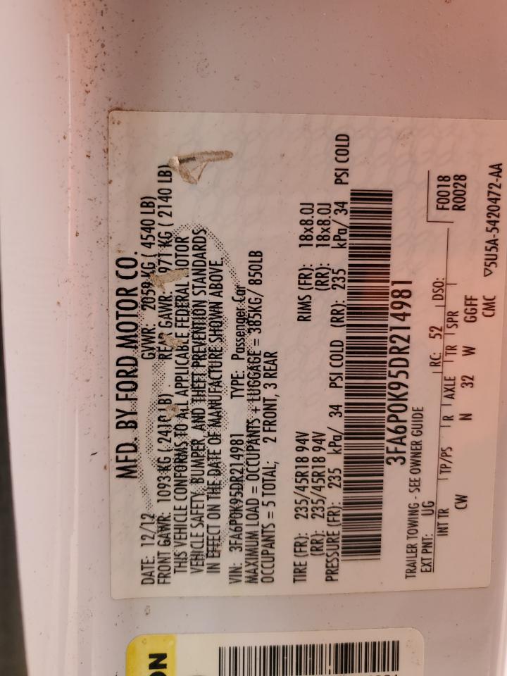 2013 Ford Fusion Titanium VIN: 3FA6P0K95DR214981 Lot: 94458025