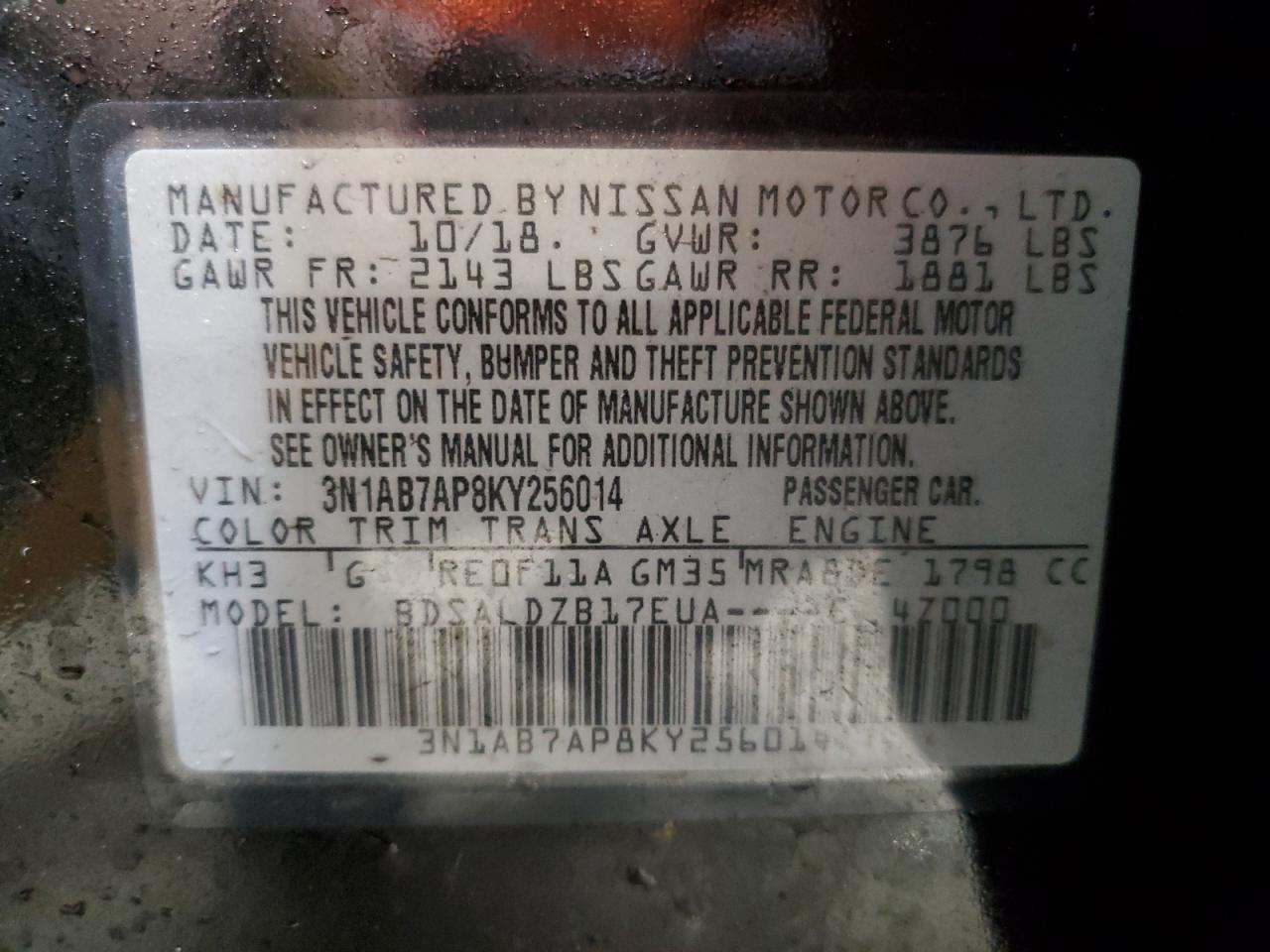 3N1AB7AP8KY256014 NISSAN SENTRA 2019