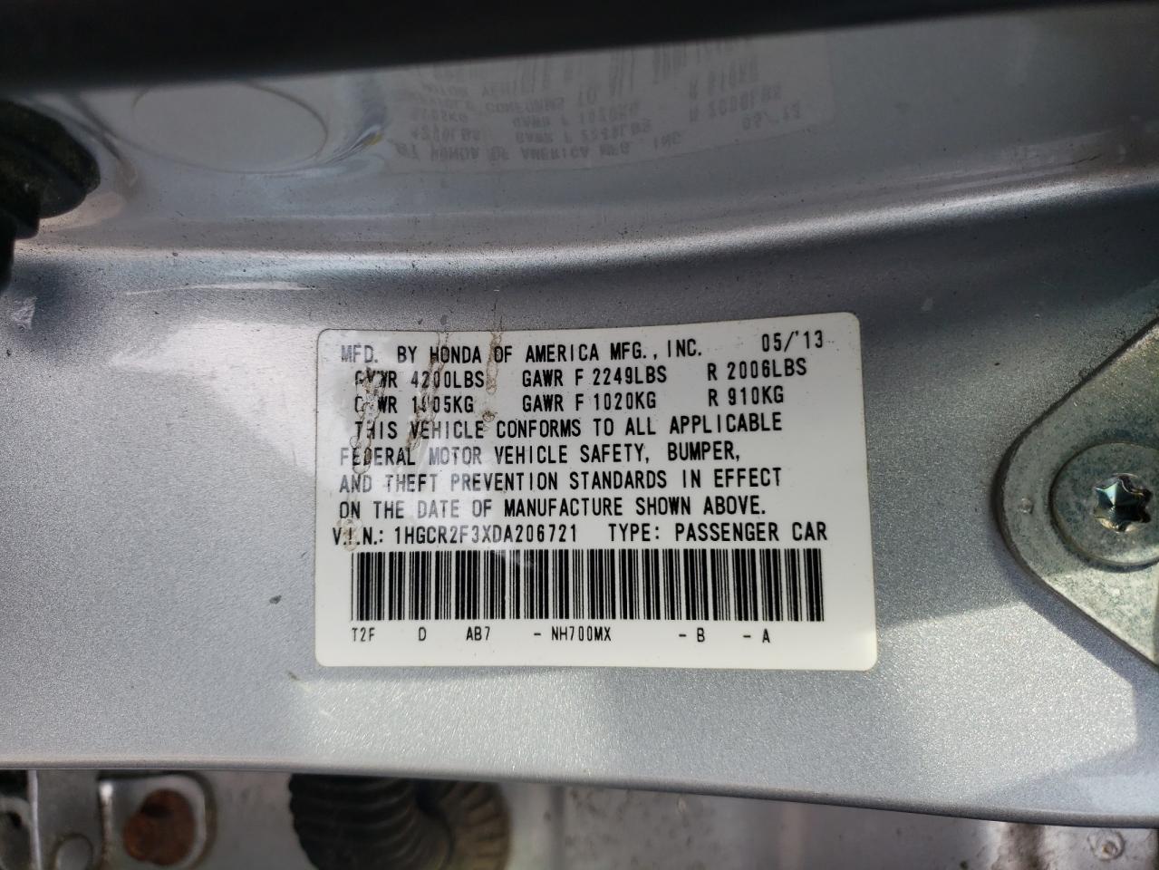 VIN 1HGCR2F3XDA206721 2013 HONDA ACCORD no.12