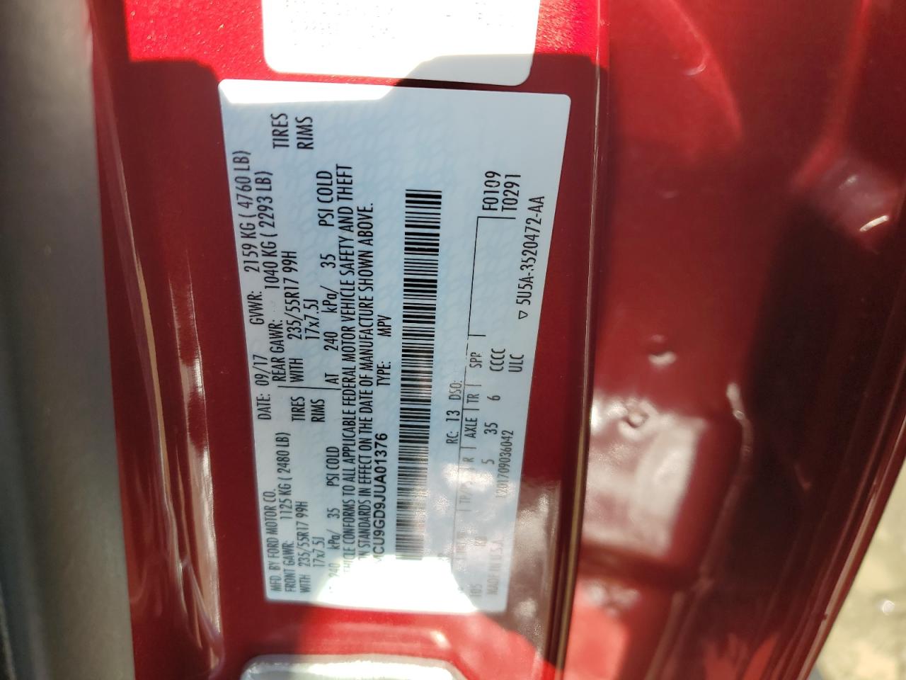 1FMCU9GD9JUA01376 FORD ESCAPE 2018