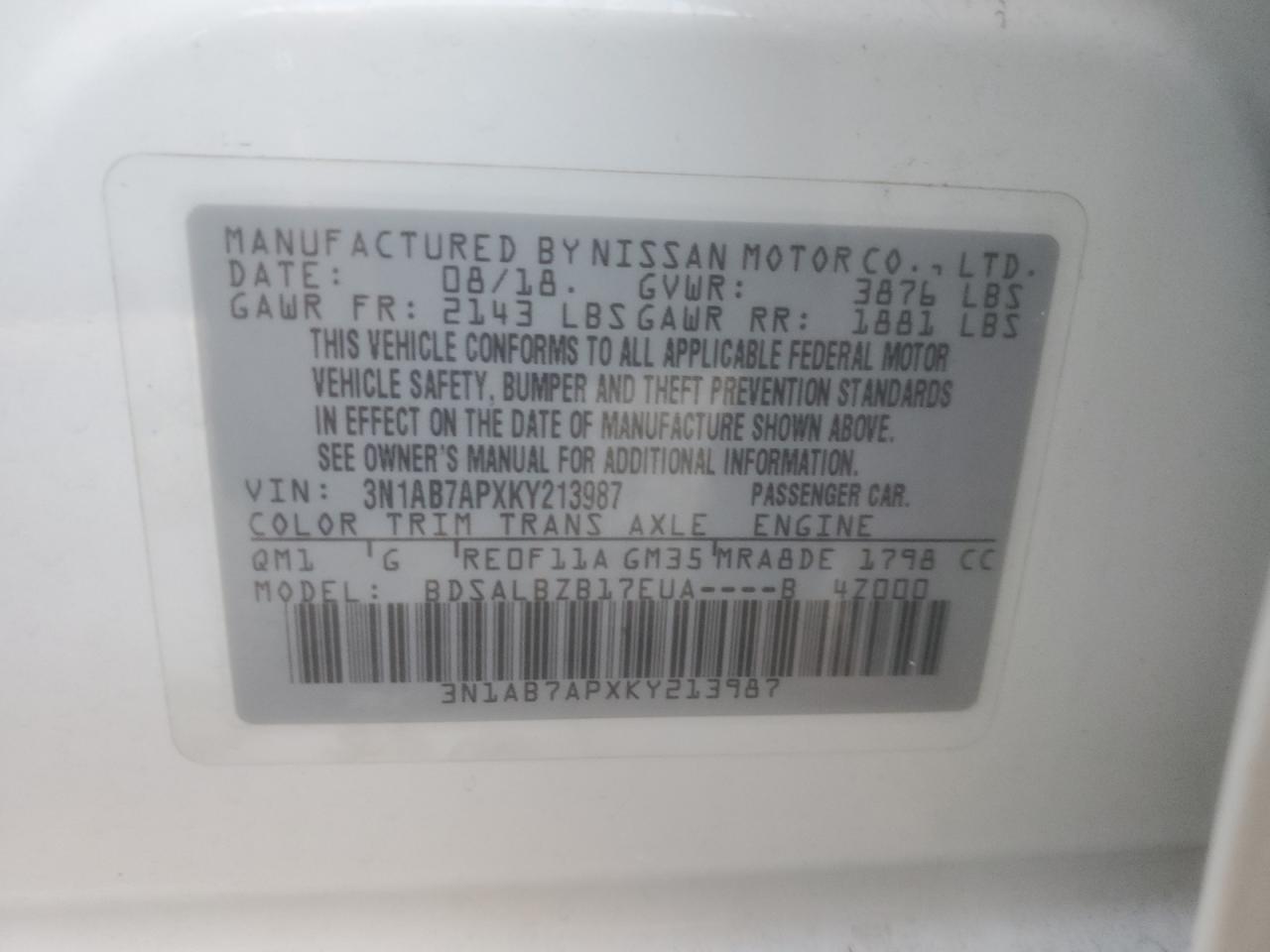3N1AB7APXKY213987 NISSAN SENTRA 2019