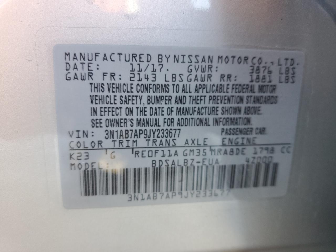 3N1AB7AP9JY233677 NISSAN SENTRA 2018