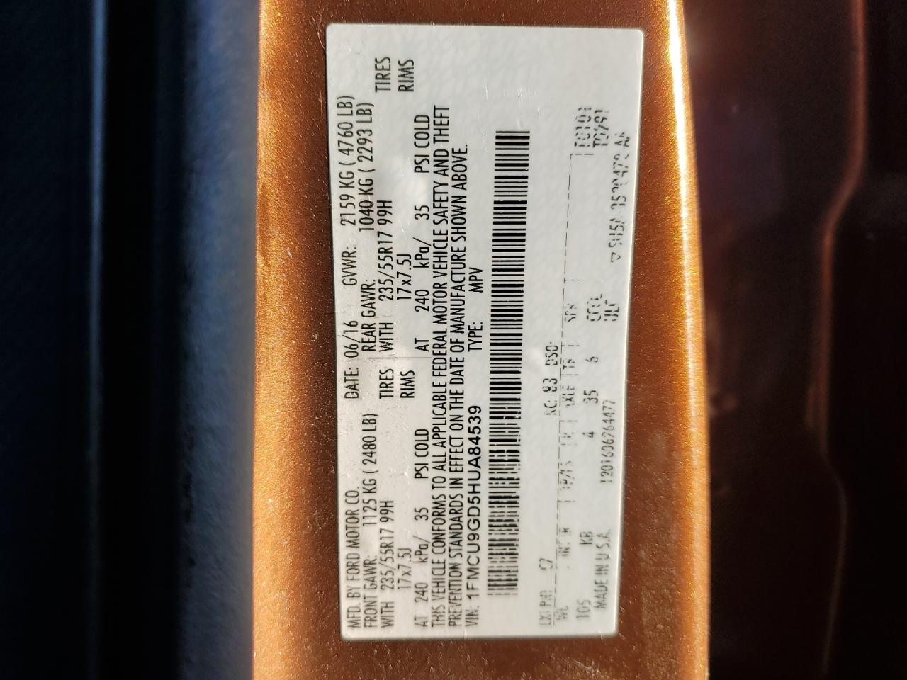 1FMCU9GD5HUA84539 FORD ESCAPE 2017