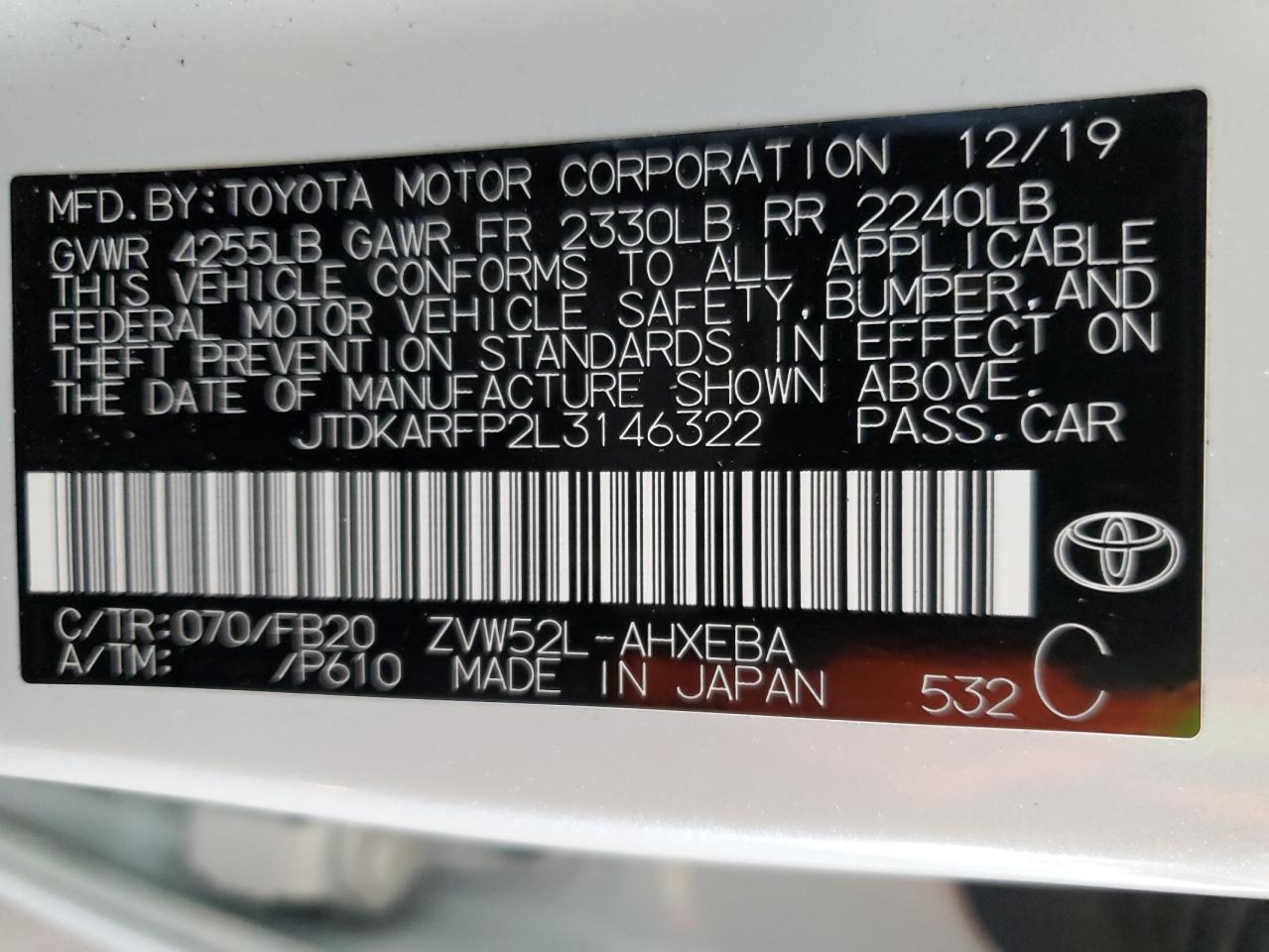 JTDKARFP2L3146322 TOYOTA PRIUS 2020