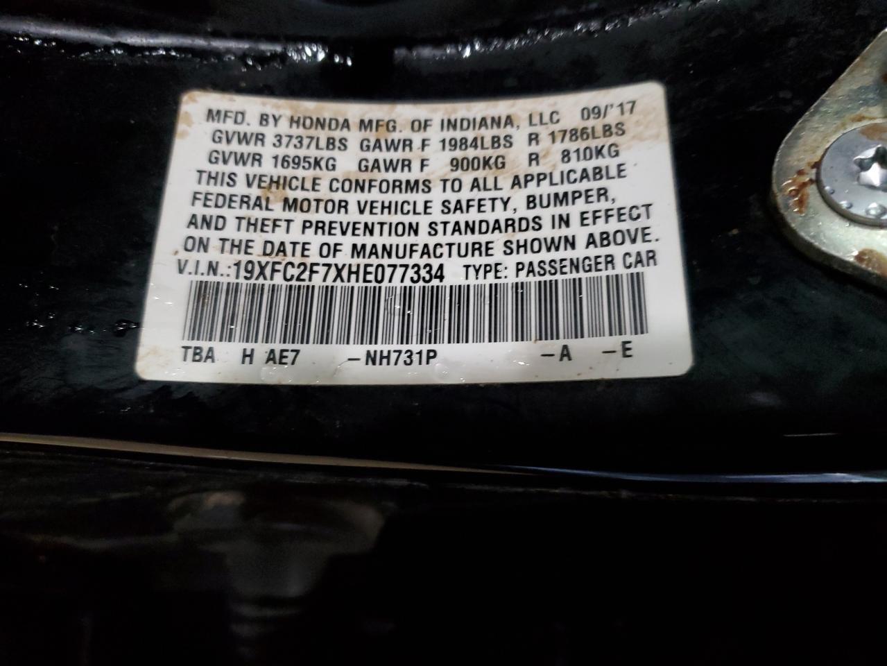 19XFC2F7XHE077334 HONDA CIVIC 2017