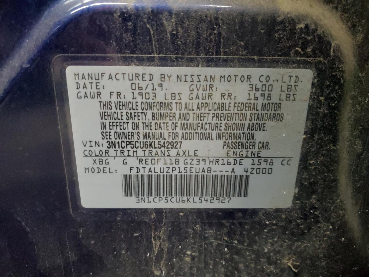 3N1CP5CU6KL542927 NISSAN KICKS 2019