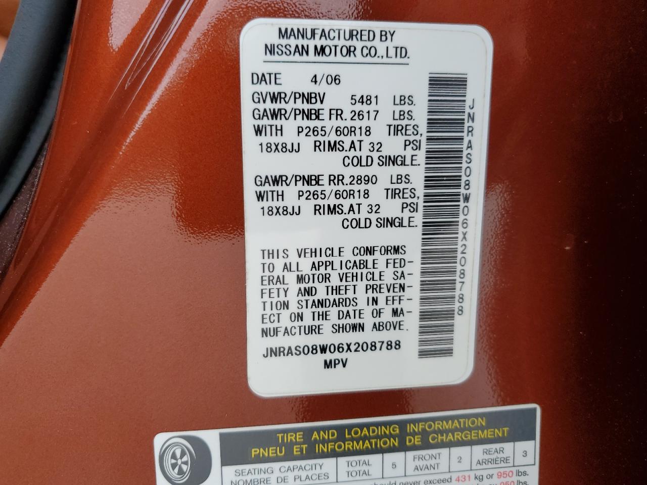 2006 Infiniti Fx35 VIN: JNRAS08W06X208788 Lot: 89142275