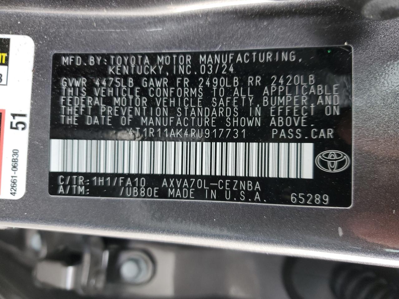 2024 Toyota Camry Le VIN: 4T1R11AK4RU917731 Lot: 89309615