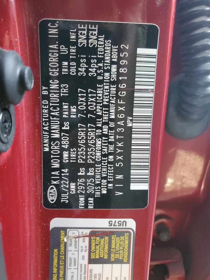 2015 Kia Sorento Lx VIN: 5XYKT3A6XFG618952 Lot: 88292095