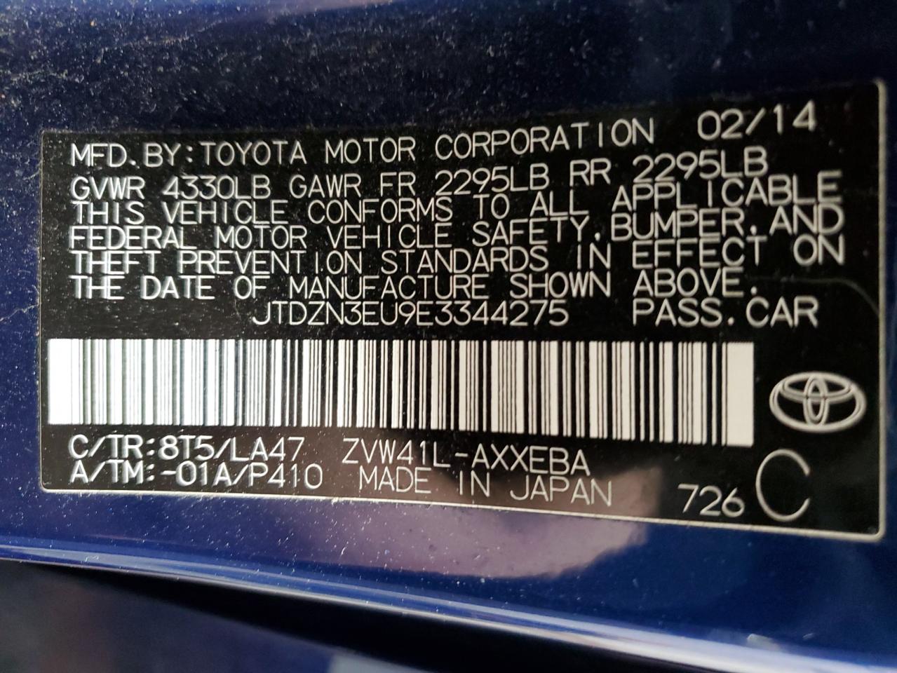 VIN JTDZN3EU9E3344275 2014 TOYOTA PRIUS no.14