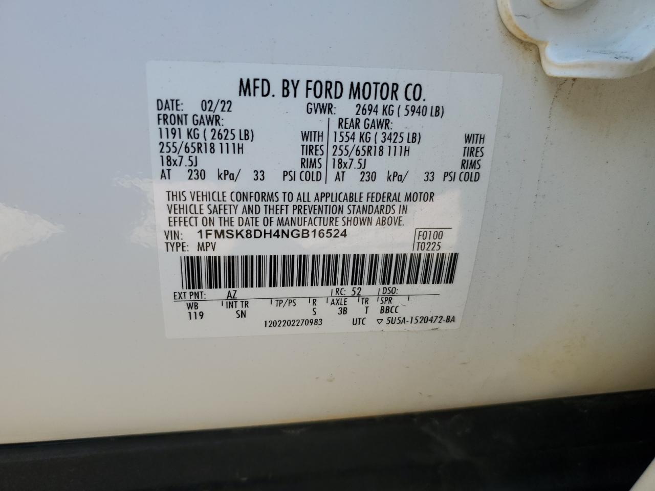 1FMSK8DH4NGB16524 FORD EXPLORER 2022