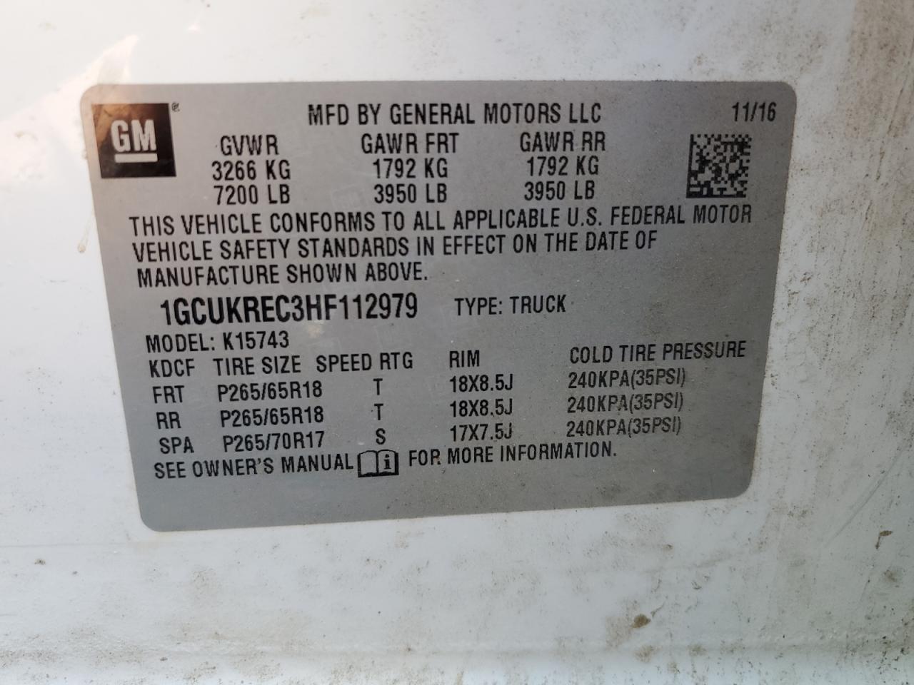 1GCUKREC3HF112979 CHEVROLET ALL Models 2017