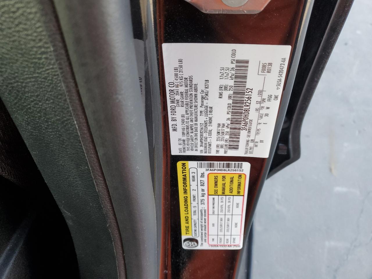 3FA6P0HD8LR256152 FORD FUSION 2020