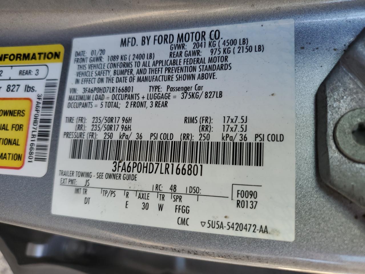3FA6P0HD7LR166801 FORD FUSION 2020
