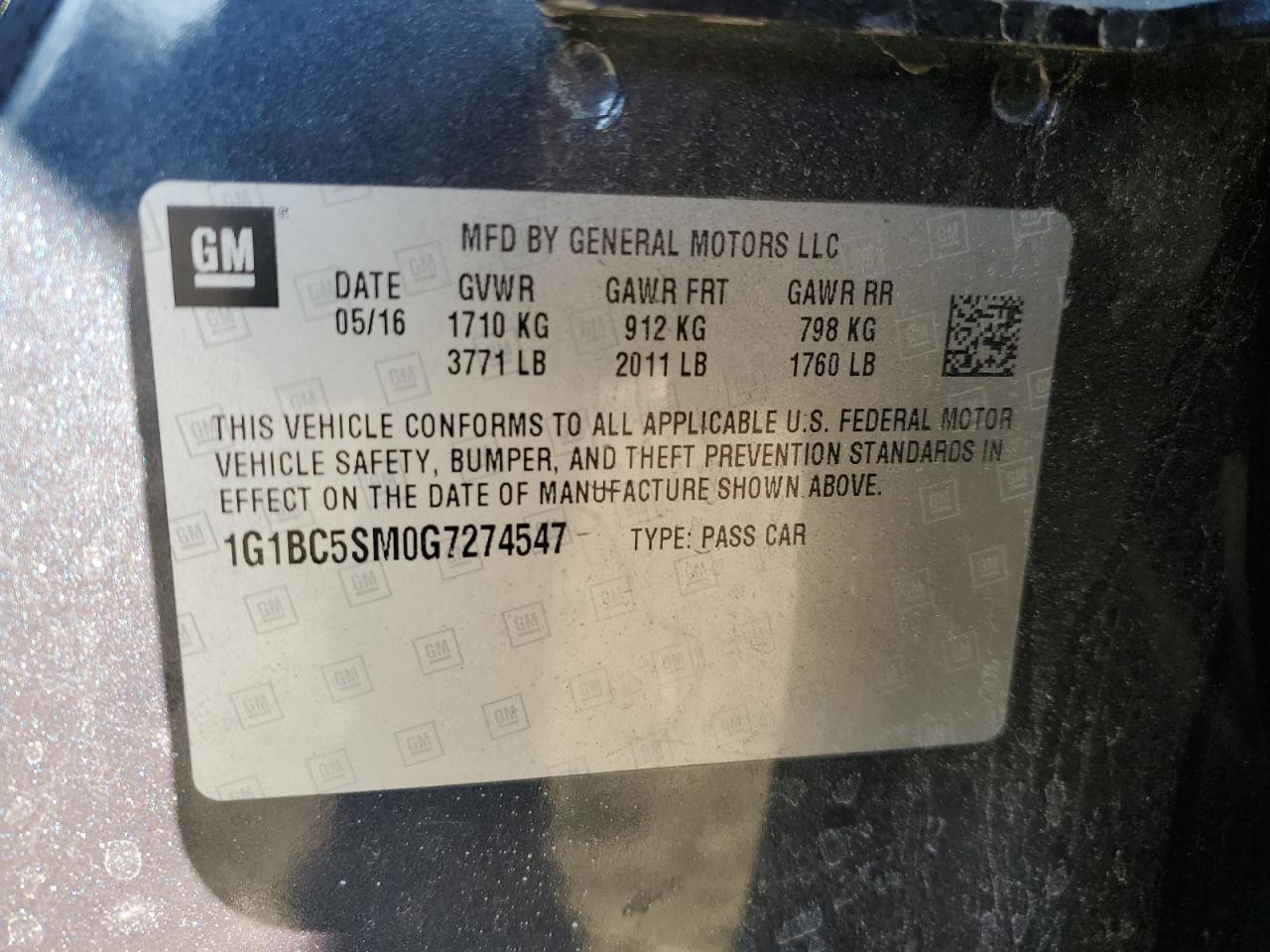 1G1BC5SM0G7274547 CHEVROLET CRUZE 2016