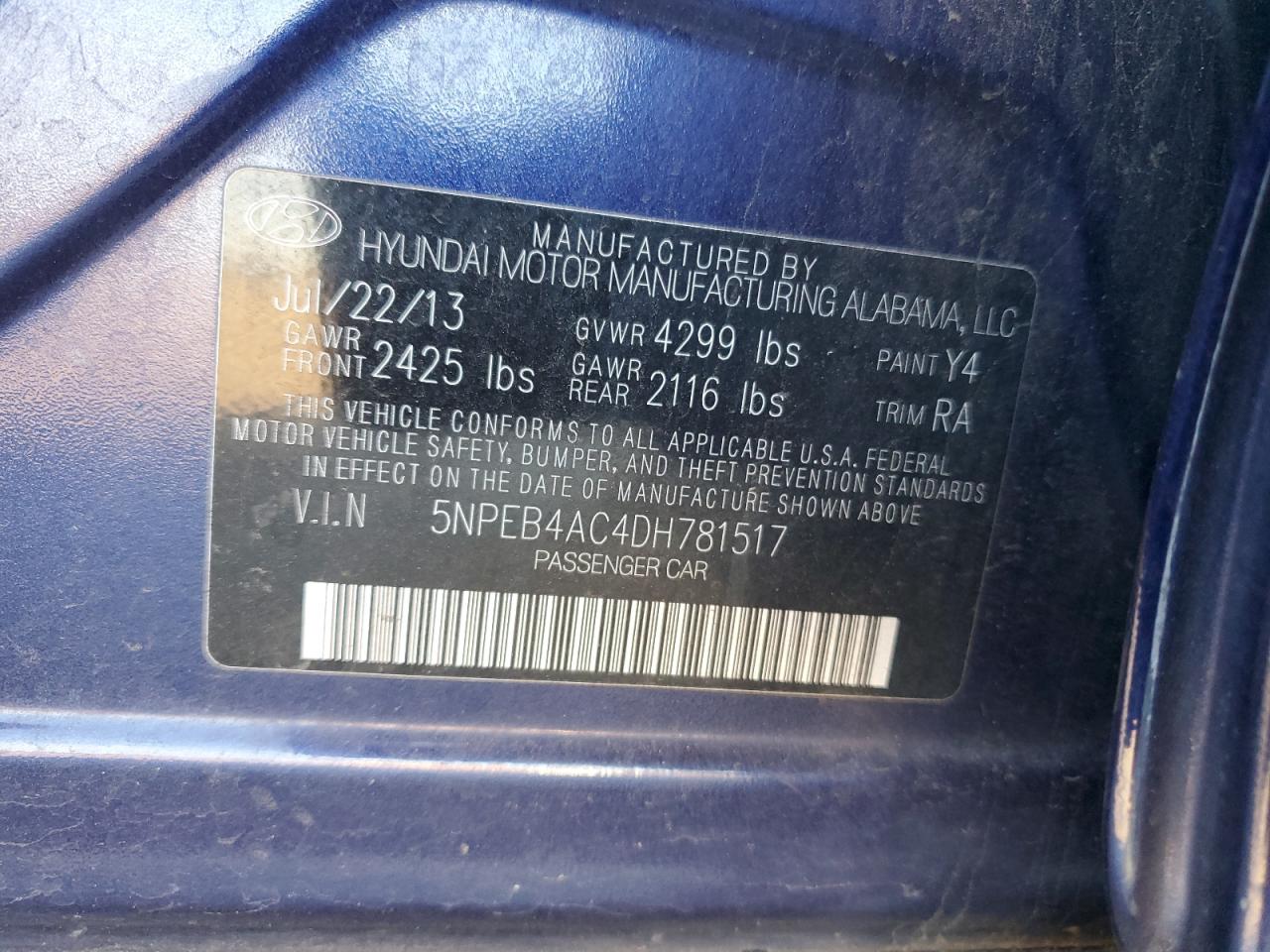 2013 Hyundai Sonata Gls VIN: 5NPEB4AC4DH781517 Lot: 87555255