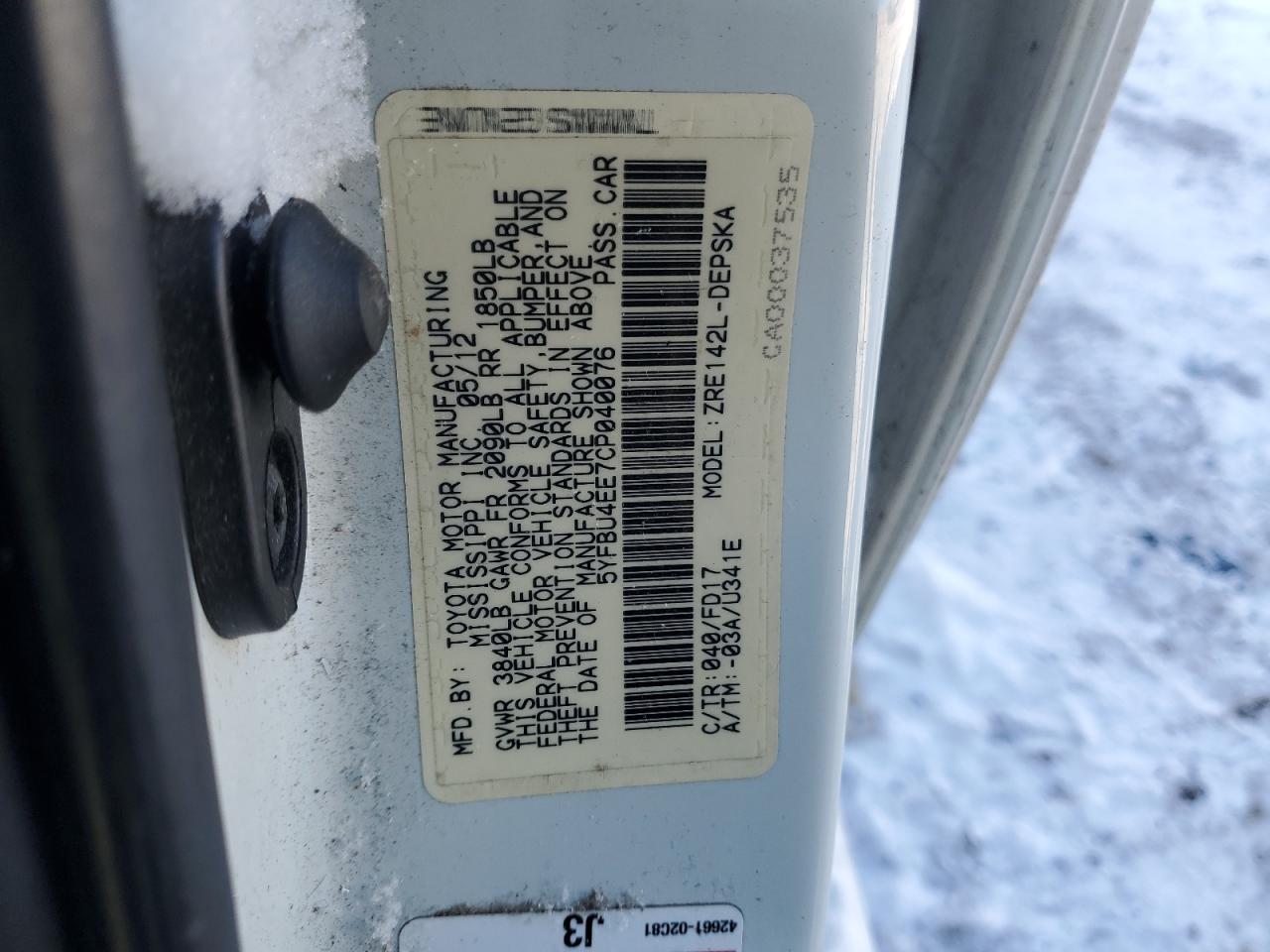 2012 Toyota Corolla Base VIN: 5YFBU4EE7CP040076 Lot: 52891325