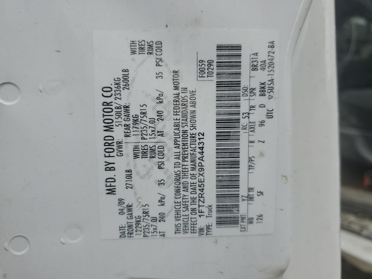 2009 Ford Ranger Super Cab VIN: 1FTZR45EX9PA44312 Lot: 86148264