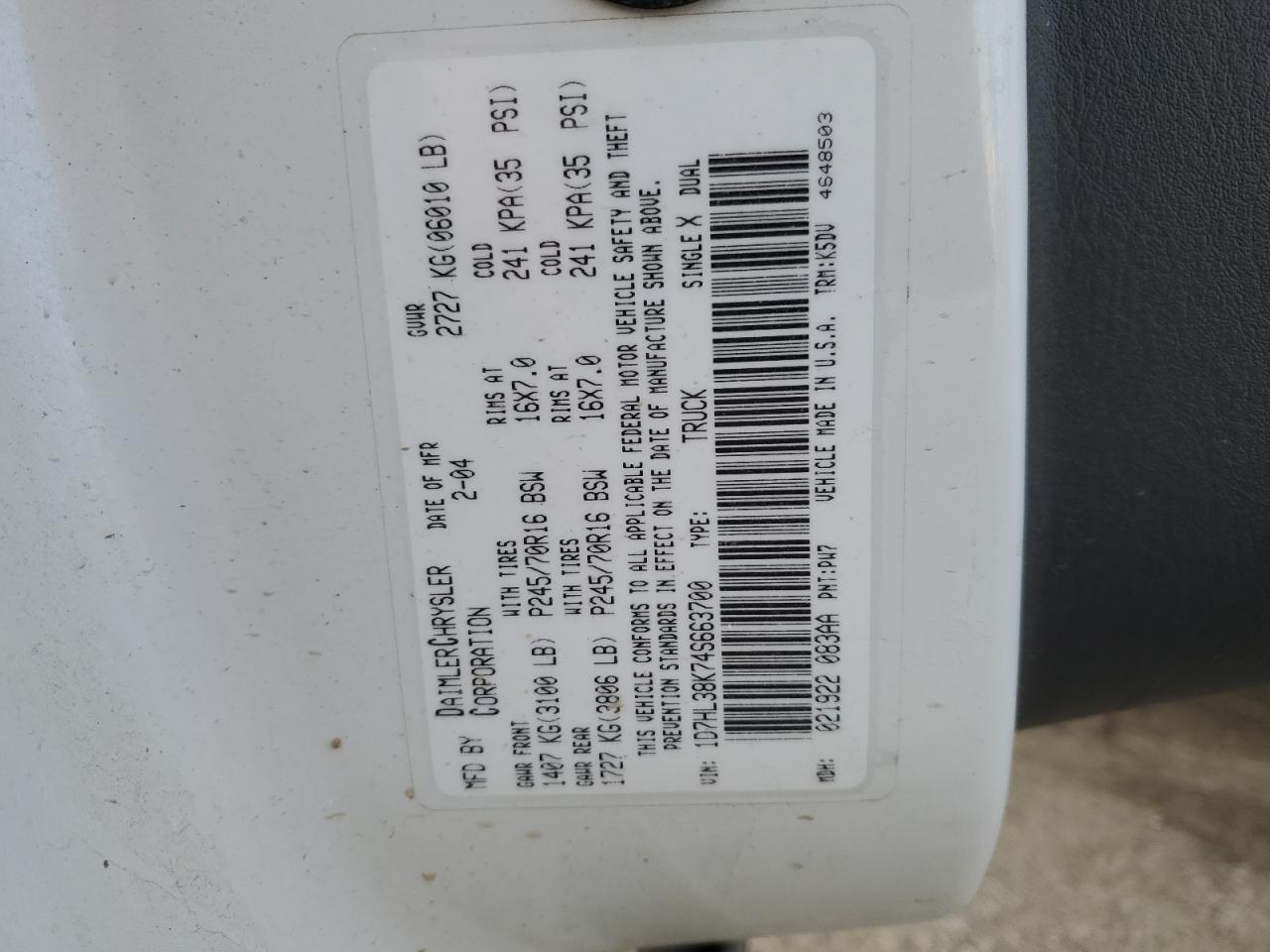 2004 Dodge Dakota Quad Sport VIN: 1D7HL38K74S663700 Lot: 86971564