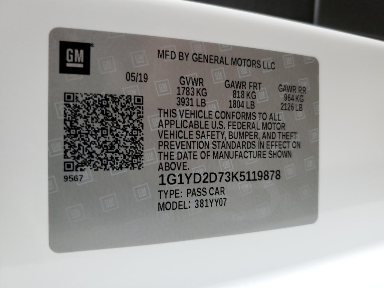 1G1YD2D73K5119878 CHEVROLET CORVETTE 2019