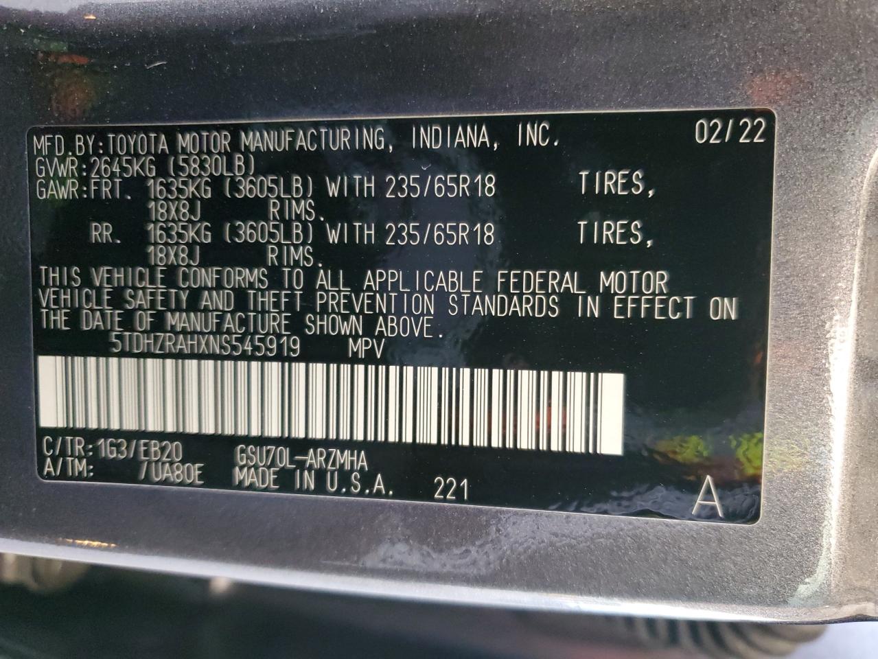 5TDHZRAHXNS545919 TOYOTA HIGHLANDER 2022