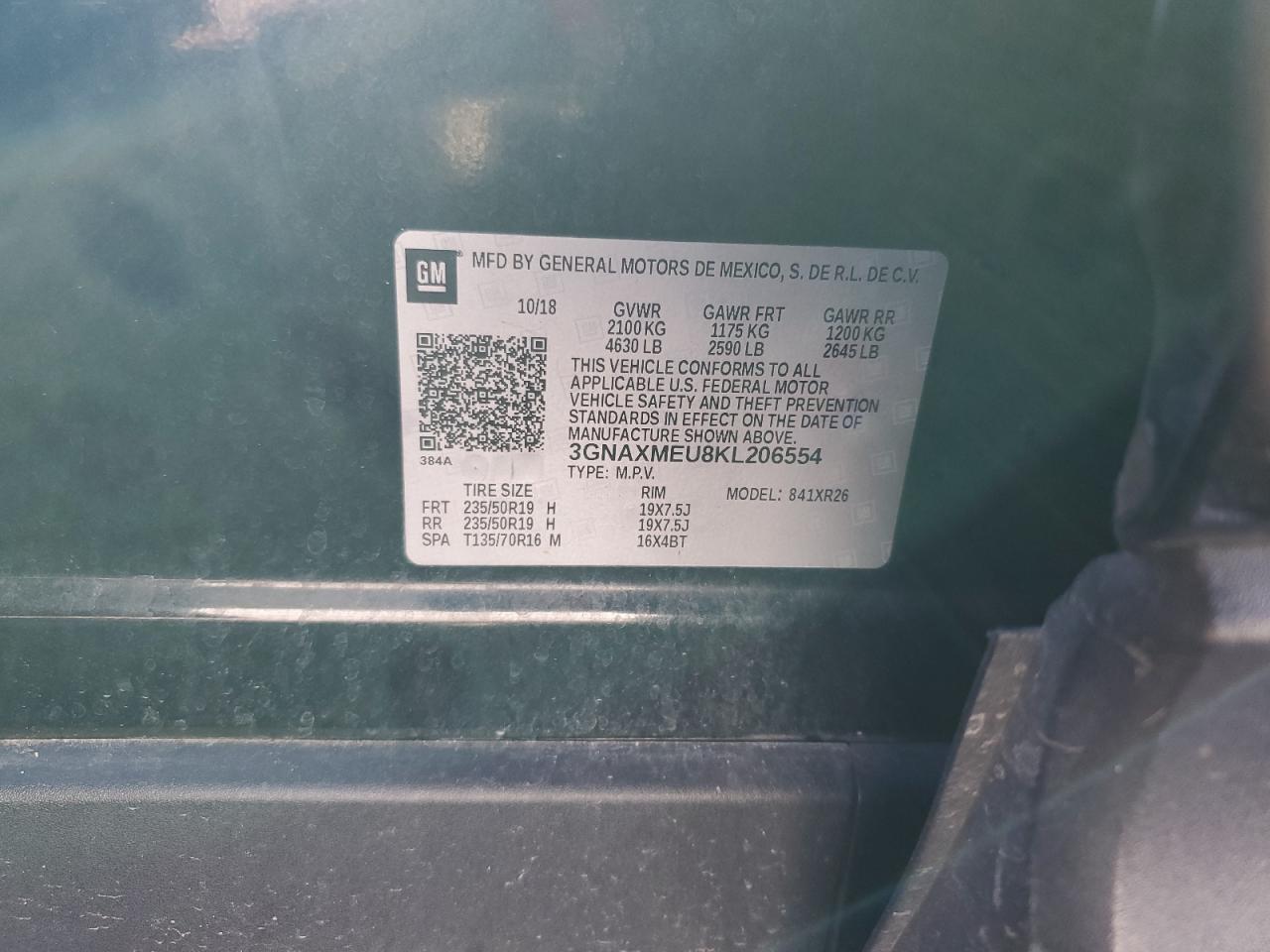 3GNAXMEU8KL206554 CHEVROLET EQUINOX 2019