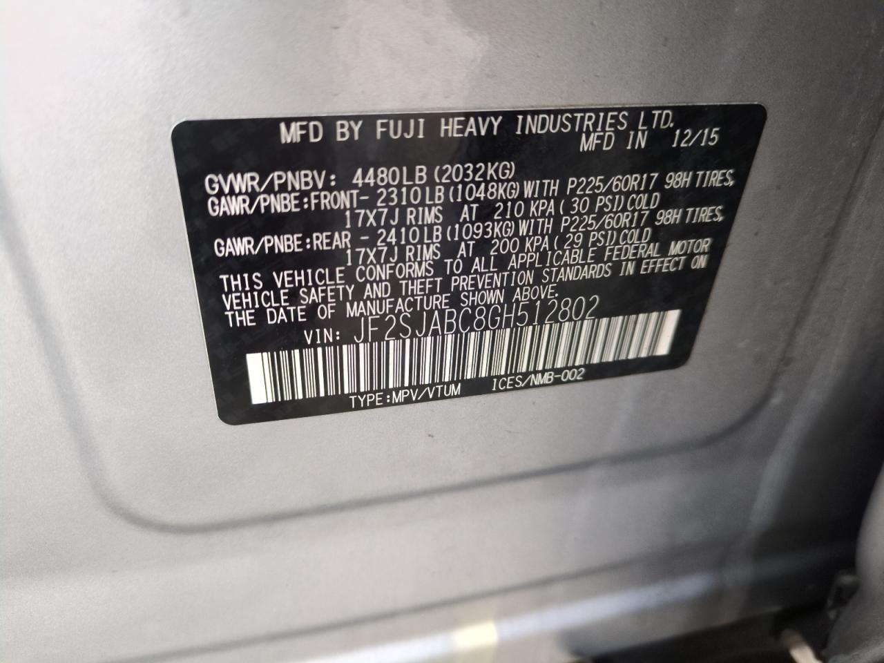 JF2SJABC8GH512802 SUBARU FORESTER 2016